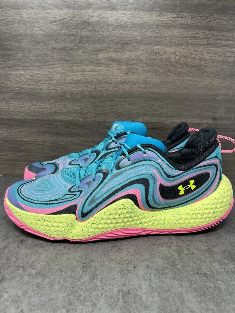 Under Armour Spawn 6 Mens Size 15 Blue Pink Volt Basketball Shoes Flow Cushion